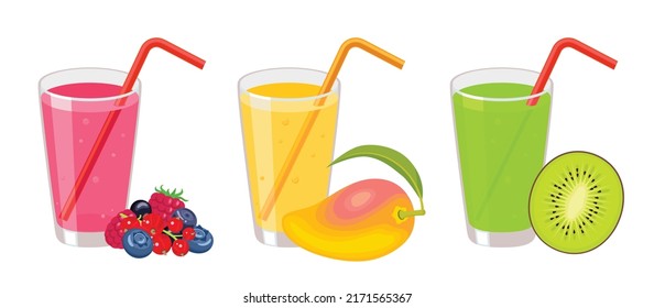 Juice set. Vector cartoon illustration of sweet mango, kiwi and berries with tube for drinking. Taking natural vitamins. Summer drink flat icon.
