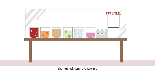 Tienda de jugo y perdigones plásticos que tienen un punto de recogida para prevenir el virus en la situación de coronavirus pandémico. Ilustración del vector