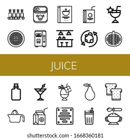 juice simple icons set. Contains such icons as Bottle, Spaghetti, Canned food, Juice, Cereals, Bar, Juice box, Metabolism, Cocktail, Pomegranate, can be used for web, mobile and logo
