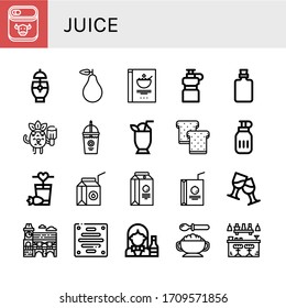 jugo simple iconos conjunto. Contiene íconos como comida enlatada, Cocktail, Pear, Cereales, Botella de agua, Botella, Popsicle, Smoothie, Toast, Leche box puede ser usado para web, móvil y logo