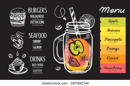 Мenu Juice, Smoothie. Hand drawn style. Vector illustration.