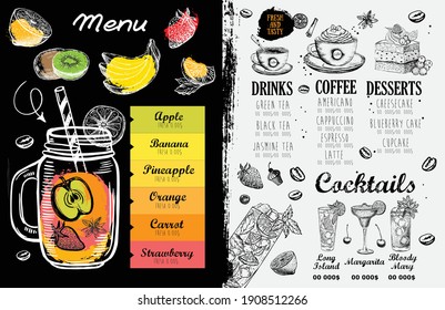 Мenu Juice, Smoothie. Hand drawn style. Vector illustration.