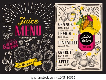 Juice smoothie menu for restaurant and cafe. Vector drink flyer on blackboard background. Design template with vintage hand-drawn illustrations.