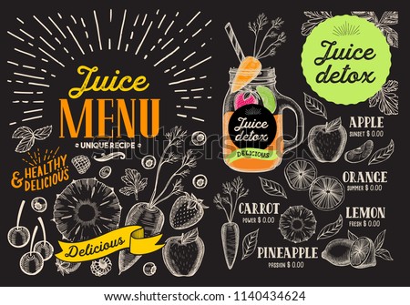 Juice smoothie menu for restaurant and cafe. Vector drink flyer. Design template with vintage fruit hand-drawn illustrations.