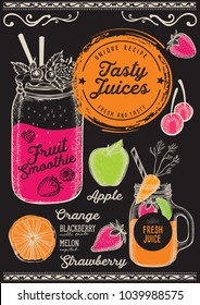 Juice And Smoothie Restaurant Menu. Vector Drink Flyer For Bar And Cafe. Design Template With Hand-drawn Fruit Illustrations.