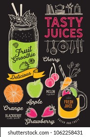 Juice And Smoothie Restaurant Menu. Vector Drink Flyer For Bar And Cafe. Design Template With Hand-drawn Fruit Illustrations.