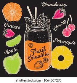 Juice and smoothie restaurant menu. Vector drink flyer for bar and cafe. Design template with hand-drawn fruit illustrations.