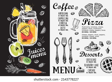 Мenu Juice, Smoothie, Template design, Hand-drawn style, Vector illustration.	
