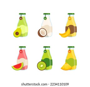 Juice and Smoothie,Kiwi, Banana, Avocado, Coconut and Watermelon Beverages in Glass Bottles