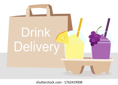 The Juice Smoothies cup with fruit on top (grape, pineapple)​ and the paper bag with text. Home delivery concept.​ Take a way Beverages. Cool summer drink. Organic and healthy food. 