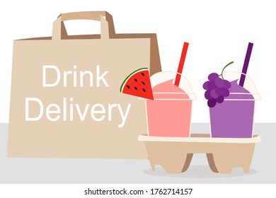 The Juice Smoothies cup with fruit on top (grape, watermelon)​ and the paper bag with text. Home delivery concept.​ Take a way Beverages. Cool summer drink. Organic and healthy food. 