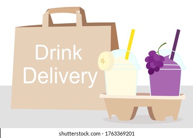 La taza de jugo Smoothies con fruta encima (uva, manzana) ​ y la bolsa de papel con texto. Concepto de parto en casa. ​ Tomar un camino Beverages. Bebé frío de verano. Alimentos orgánicos y saludables. 