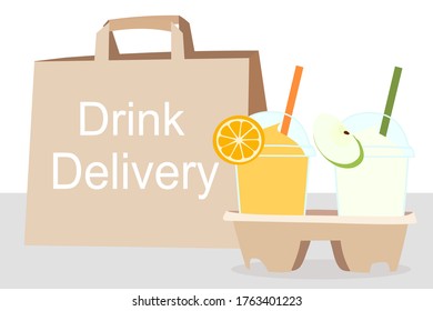 The Juice Smoothies cup with fruit on top (apple, orange)​ and the paper bag with text. Home delivery concept.​ Take a way Beverages. Cool summer drink. Organic and healthy food. 