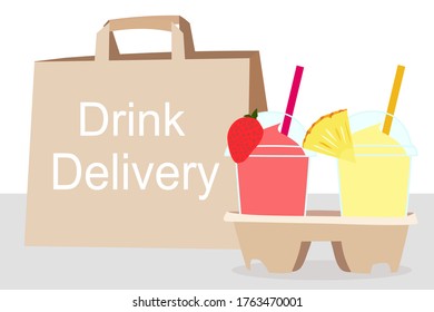 The Juice Smoothies cup with fruit on top (strawberry, pineapple)​ and the paper bag with text. Home delivery concept.​ Take a way Beverages. Cool summer drink. Organic and healthy food. 