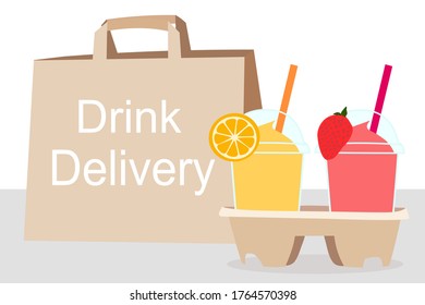 The Juice Smoothies cup with fruit on top (orange, strawberry)​ and the paper bag with text. Home delivery concept.​ Take a way Beverages. Cool summer drink. Organic and healthy food. 