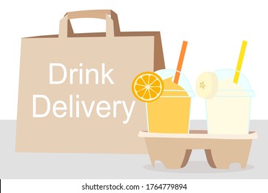 The Juice Smoothies cup with fruit on top (orange, banana)​ and the paper bag with text. Home delivery concept.​ Take a way Beverages. Cool summer drink. Organic and healthy food. 