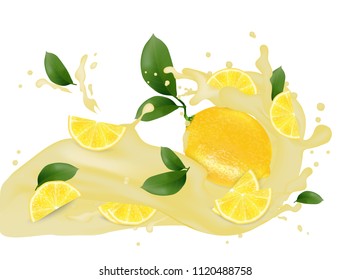 Juice splash 3d illustration with slices of lemon. Cream pouring wave yogurt packaging template. Realistic organic leaves healthy fruit  product. Vector EPS10.