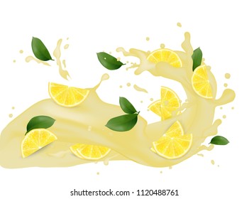 Juice splash 3d illustration with slices of lemon. Cream pouring wave yogurt packaging template. Realistic organic leaves healthy fruit  product. Vector EPS10.