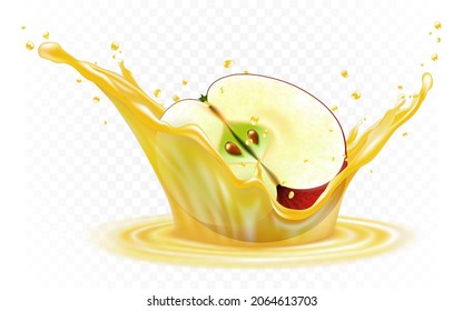 Salto de jugo con rodajas de manzana vector realista. 3 d líquido de frutas, símbolo veraniego de las vacaciones tropicales de beber Agua dulce de vitamina fresca fluyendo en movimiento, ilustración aislada de fondo