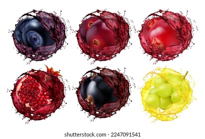 Juice splash of blueberry, cranberry, lingonberry, pomegranate, currant and grape. Realistic 3d vector fruits or berries with liquid swirls. Fresh vitamin drink isolated whirls with splash droplets