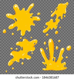 Juice splash and drop vector cartoon set isolated on a transparent background.