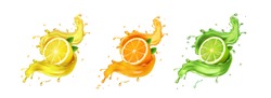 Juice Splash Lemon, Orange, Lime Set. Citrus Splashig Fresh Collection Realistic Vector.