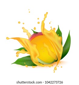 Juice splash of mango, orange, peach with leaves isolated on white background. Juicy  splashing for yogurt, pudding, jam, cream, juice, smoothie. Vector. 