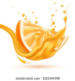 Juice splash with orange slice realistic vector. 3d citrus fruit liquid, summer tropical vacation drink symbol Fresh vitamin sweet liquid flowing in motion, isolated background illustration