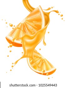 Juice splash with orange slice realistic vector. 3d citrus fruit liquid, summer tropical vacation drink symbol Fresh vitamin sweet liquid flowing in motion, isolated background illustration