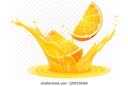 Juice splash with orange slice realistic vector. 3d citrus fruit liquid, summer tropical vacation drink symbol. Fresh vitamin sweet liquid flowing in motion, isolated background illustration