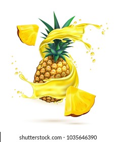 Juice Splash With Pineapple Slice Realistic Vector. 3d Ananas Fruit Liquid, Summer Tropical Vacation Drink Symbol Fresh Vitamin Sweet Liquid Flowing In Motion, Isolated Background Illustration