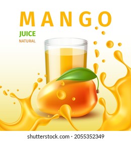 Juice splash poster. Realistic mango drink