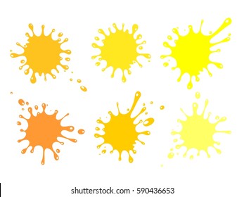 Juice splash set of labels. Orange splashes drops. Splash and blot kit. Vector illustration