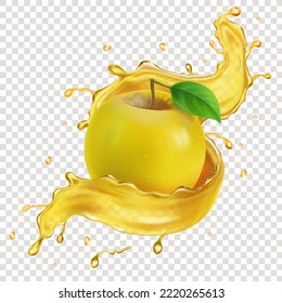 Salto de jugo con manzana amarilla realista 3d bebida de fruta. Bebida vectorial de manzana natural jugosa.