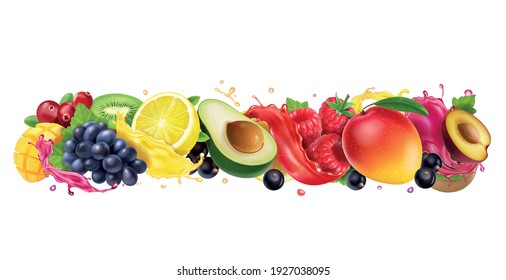 Juice splashes of fruit and berries mix. Orange, mango, raspberry, avocado, plum, grapes, cranberries, black currant mixed juice. 3d vector realistic set