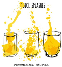 Juice splashes in glasses, hand draw illustration