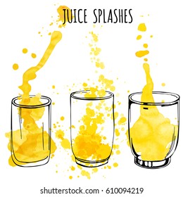 Juice splashes in glasses, hand draw illustration