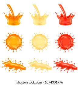 Juice splashes orange pineapple and tomato 3d photo realistic vector set