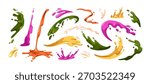 Juice splashes set. Fresh fruit splatters, drops, squirts and swirls in abstract fluid shapes. Sweet juicy liquid spray from lemonade drink. Flat vector illustration isolated on white background