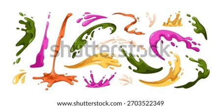 Juice splashes set. Fresh fruit splatters, drops, squirts and swirls in abstract fluid shapes. Sweet juicy liquid spray from lemonade drink. Flat vector illustration isolated on white background