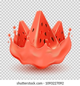 Juice splashing effect with watermelon pieces. Realistic vector illustration for design uses. Objects isolated on transparent background.