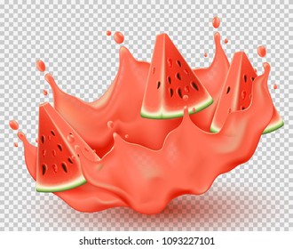 Juice splashing effect with watermelon slices. Realistic vector illustration for design uses. 3d objects isolated on transparent background.