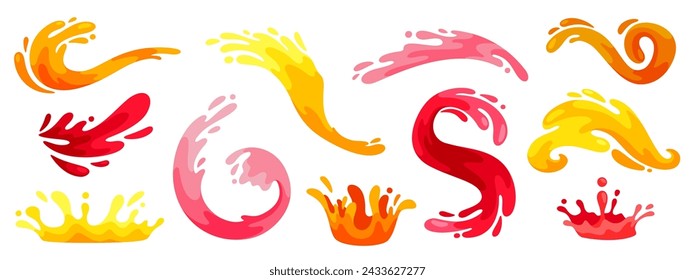 Juice splatter and splashes. Cartoon colorful squirt liquid. Abstract juicy splash, shape, spiral, waves. Fresh fruit juice, organic lemonade, citrus drinks. Vector set. Yellow, pink fluids