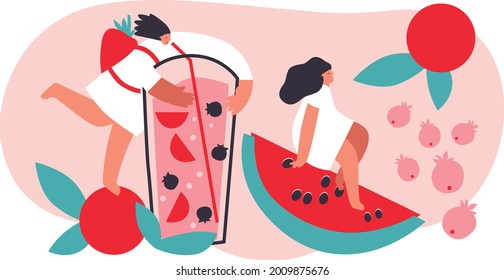 Juice summer party with flat people character, fruits, tropical fresh beverage. Tiny women and huge cocktail and berries for cartoon event. Fruit cold drink vector illustration. Summer party concept.