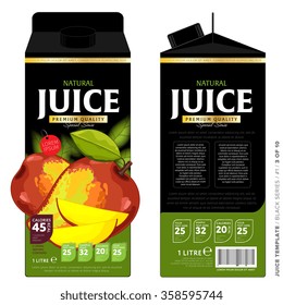 Juice tetra pack. Mango fruit juice packaging template. Brand cardboard pack for fresh natural juicy drink. Vector tetra pack design illustration. Front and side view. Product retail presentation
