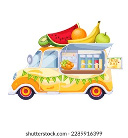 Juice truck vector illustration. Cartoon isolated beach bar or festival street cafe in car van with big summer fruits on top, side view of mobile truck to sell fresh lemonade and juice for children