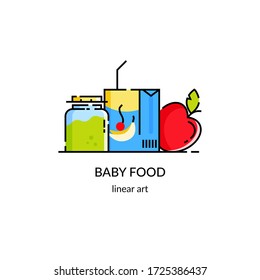 Juice, vegetable puree, apple for proper nutrition of the baby. Healthy eating. Vector illustration in a linear style. Concept for magazine design, brochure, web.