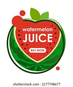 Juice watermelon label in shape of heart. Sale of refreshing fruit drinks in hot summer. Cartoon vector isolated on white background