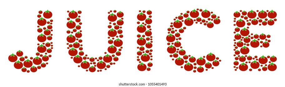 Juice Word collage of tomato. Vector tomato vegetable elements are organized into juice word mosaic. Nutrition vector illustration.