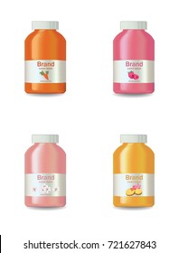 Juice or yogurt bottles set Vector realistic isolated on white. Product package design label fruits